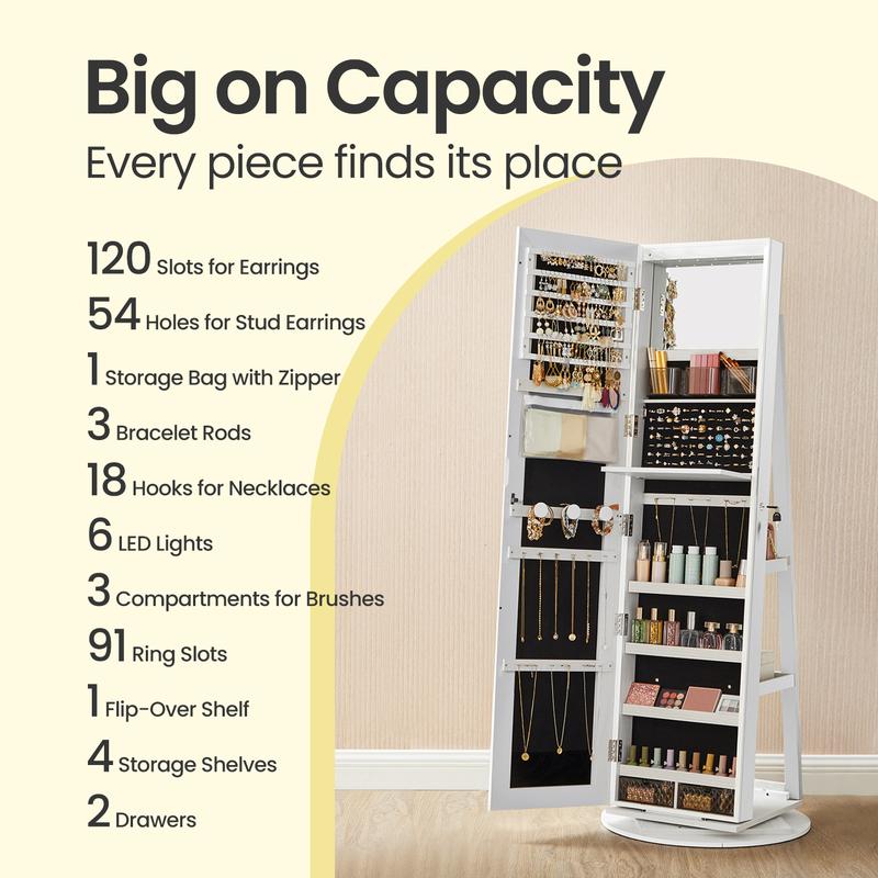 LED Jewelry Mirror Cabinet, Lockable, Full-Length