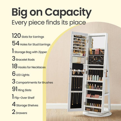 LED Jewelry Mirror Cabinet, Lockable, Full-Length